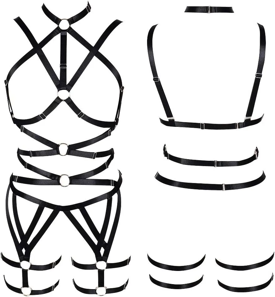 Women's Punk Cut Out Harness Body Cage Bra Full Strappy Lingerie Set Plus Size Garter Belts Goth Halloween Dance Rave
