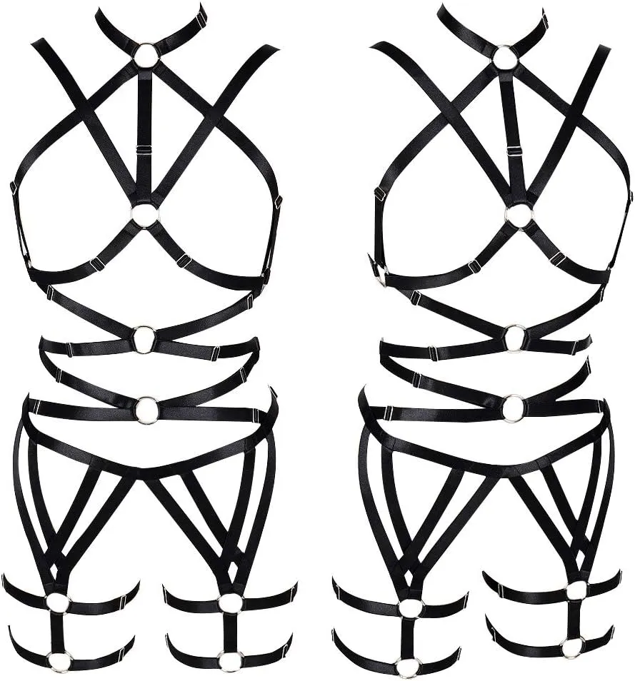 Women's Punk Cut Out Harness Body Cage Bra Full Strappy Lingerie Set Plus Size Garter Belts Goth Halloween Dance Rave