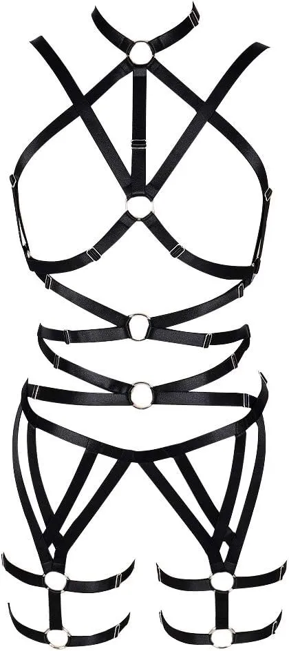 Women's Punk Cut Out Harness Body Cage Bra Full Strappy Lingerie Set Plus Size Garter Belts Goth Halloween Dance Rave