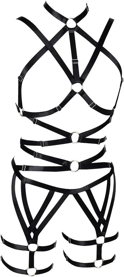 Women's Punk Cut Out Harness Body Cage Bra Full Strappy Lingerie Set Plus Size Garter Belts Goth Halloween Dance Rave