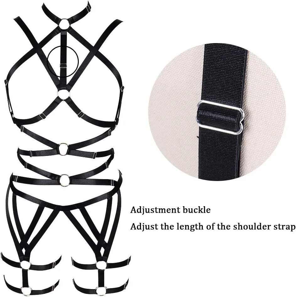 Women's Punk Cut Out Harness Body Cage Bra Full Strappy Lingerie Set Plus Size Garter Belts Goth Halloween Dance Rave