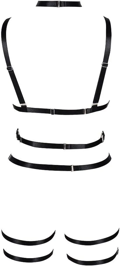 Women's Punk Cut Out Harness Body Cage Bra Full Strappy Lingerie Set Plus Size Garter Belts Goth Halloween Dance Rave