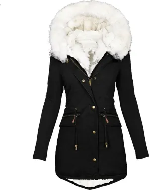 Womens Warm Winter Coats Thicken Faux Wool Lined Jacket Puffer Parka Hooded Jacket Mid Length Padded Down Snow Coats