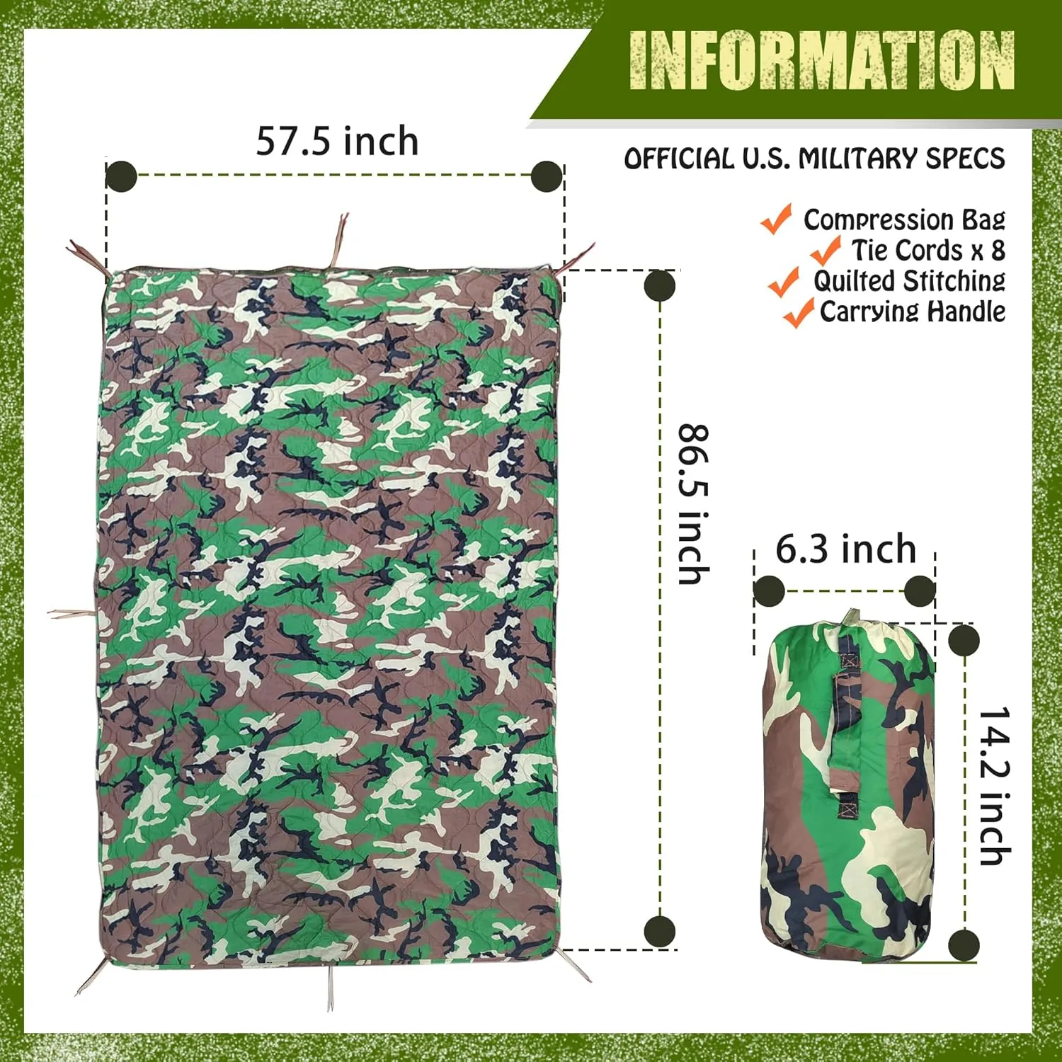 Woobie Blanket, Thermal Insulated Military Poncho Liner, Water-Resistant, Portable, Insulation, for Hiking, Survival with Compression Carry Bag (Forest)