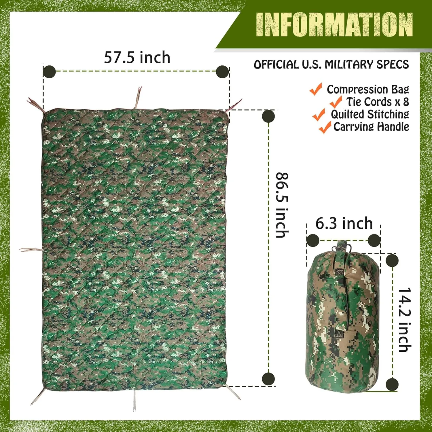 Woobie Blanket, Thermal Insulated Military Poncho Liner, Water-Resistant, Portable, Insulation, for Hiking, Survival with Compression Carry Bag (Marpat)