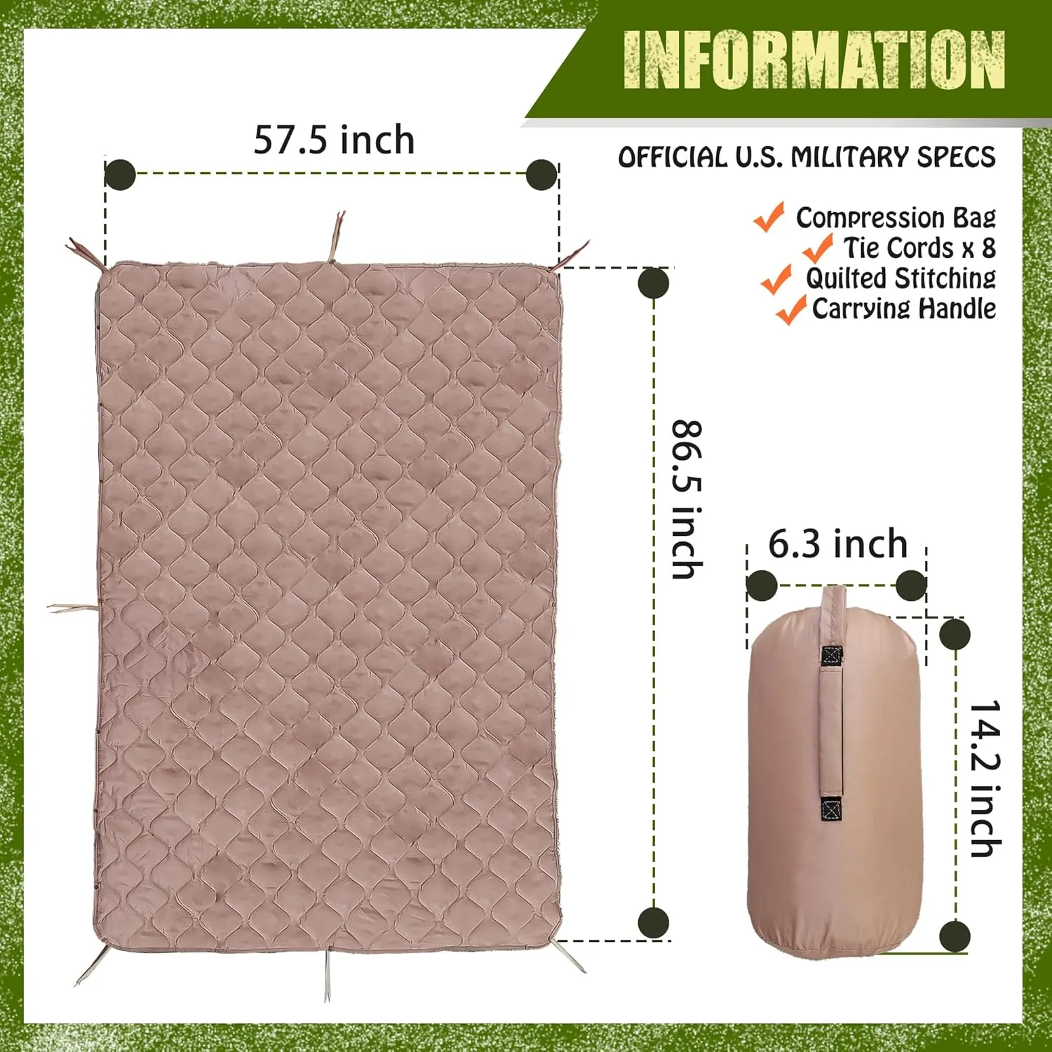 Woobie Blanket, Thermal Insulated Military Poncho Liner, Water-Resistant, Portable, Insulation, for Hiking, Survival with Compression Carry Bag (Od - Coyote)