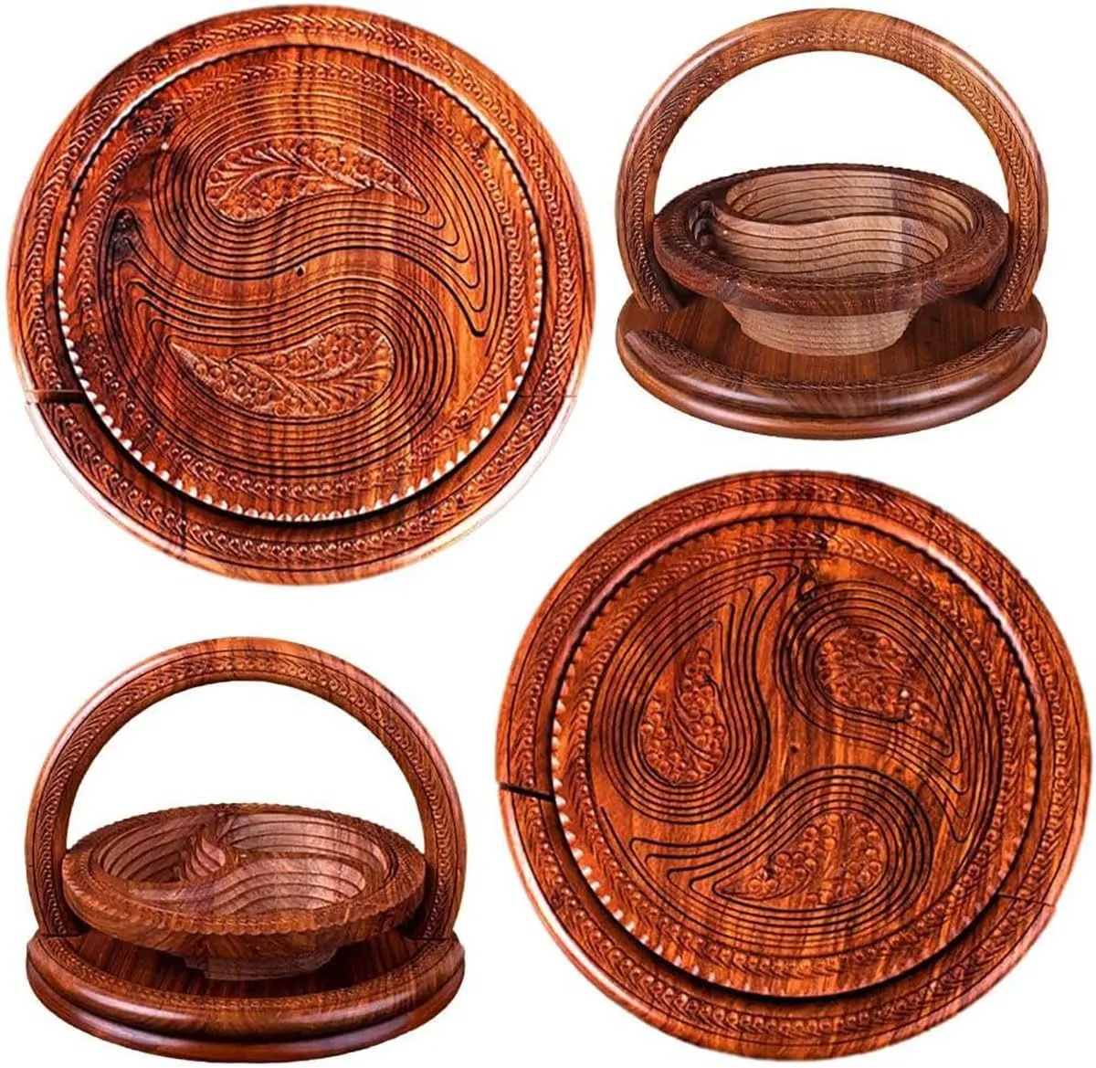 Wooden Fruit Basket,Handmade Wood Carving Fruit Plate Collapsible Fruit Basket Bamboo Dried Fruit Basket Wooden Bowls for Home Decoration (Four grid), One size fits all