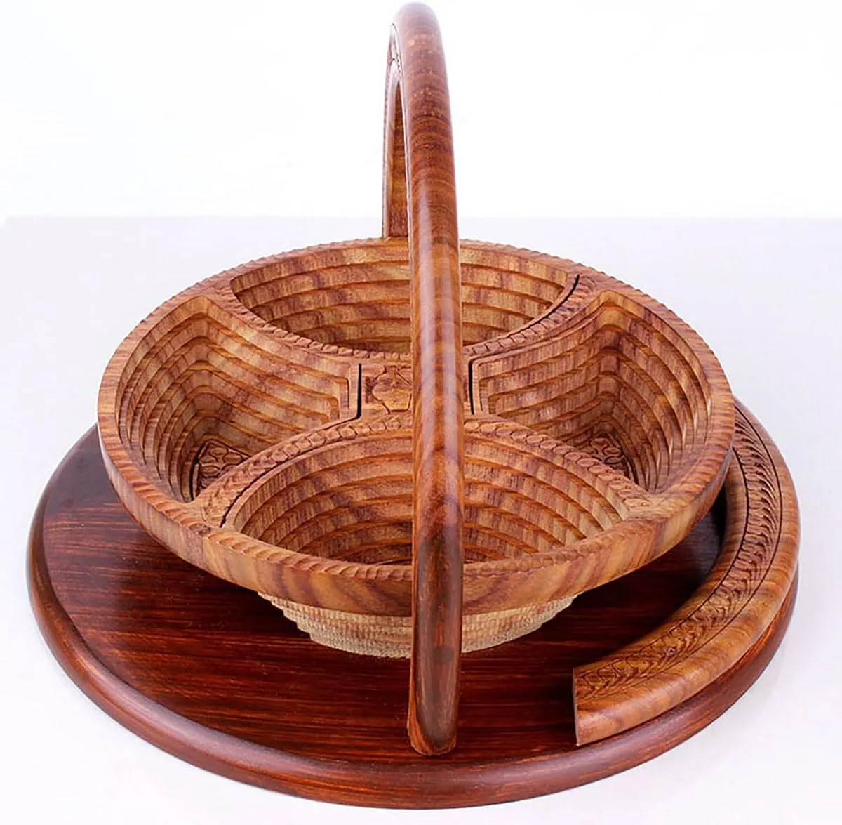 Wooden Fruit Basket,Handmade Wood Carving Fruit Plate Collapsible Fruit Basket Bamboo Dried Fruit Basket Wooden Bowls for Home Decoration (Four grid), One size fits all