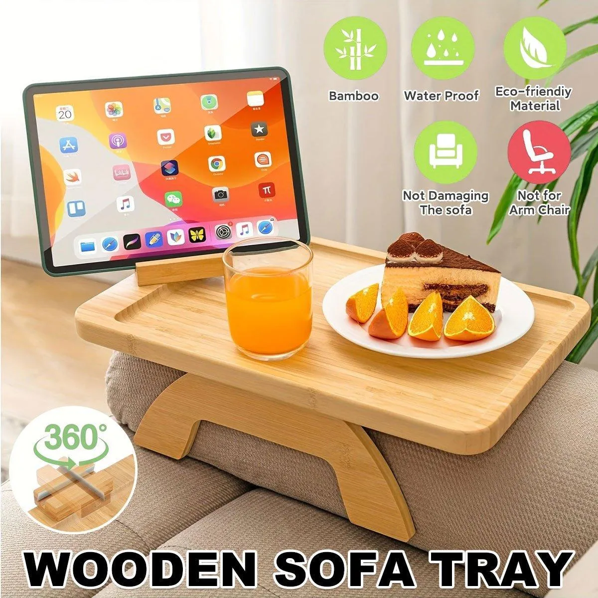 Wooden Lazy Sofa Tray Rotating With Mobile Phone Tablet Holder Plate Breakfast Snack Foldable