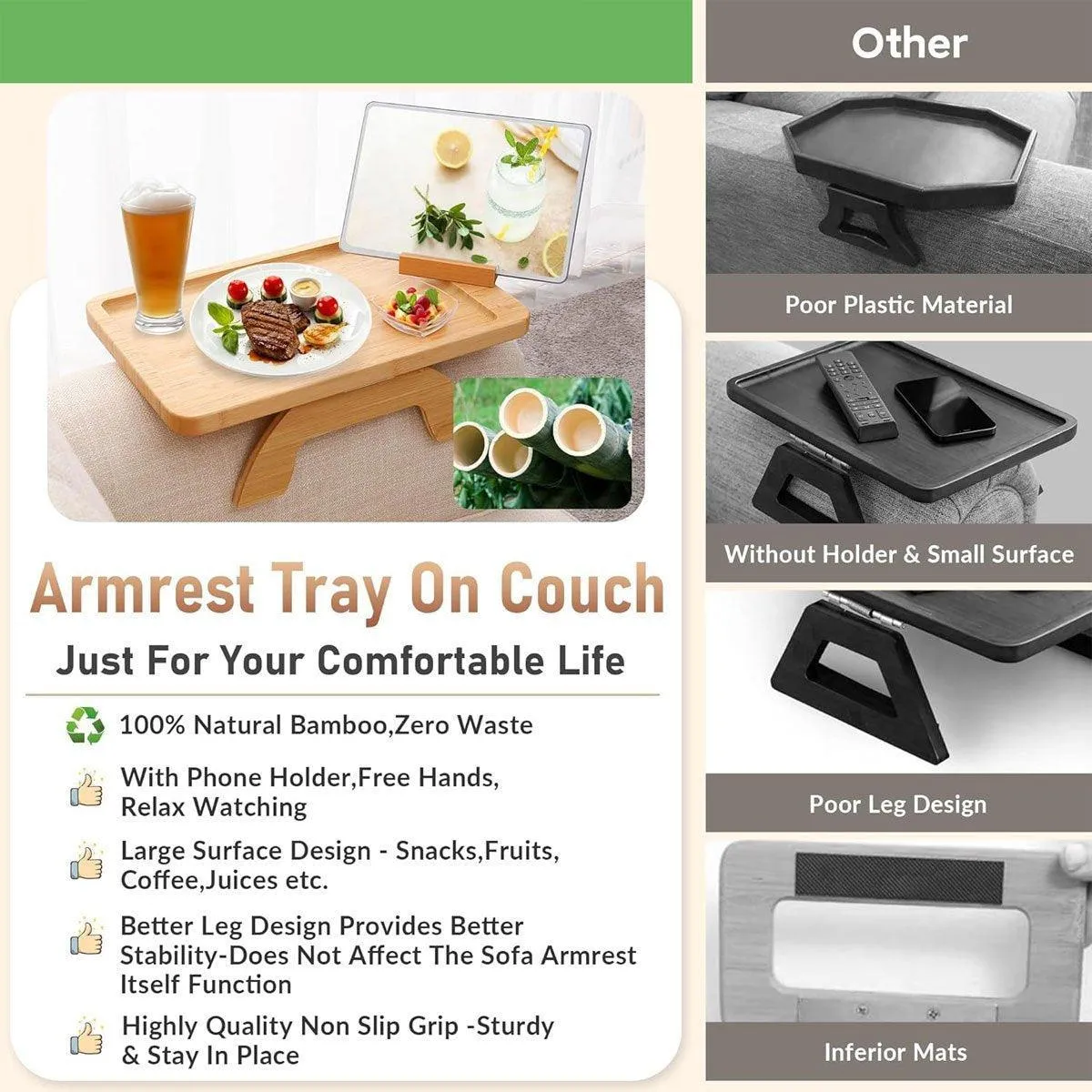 Wooden Lazy Sofa Tray Rotating With Mobile Phone Tablet Holder Plate Breakfast Snack Foldable