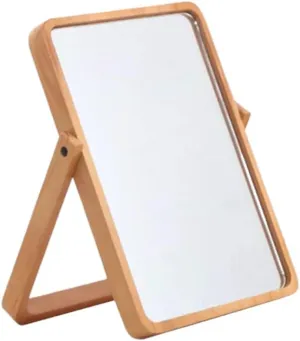 Wooden Vanity Makeup Mirror Square Mirror for Bathroom Touch Control Foldable Perfect for Women Girls