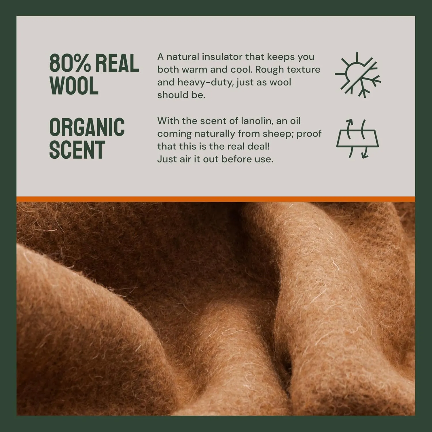 Woolly Mammoth Merino Wool Blanket - Large 66" x 90", 4LBS Camp Blanket | Thick Cabin Outdoors Throw, Cold Weather, Emergency, Camping Gear, Hiking, Survival, Army, Outside, Twin Size Bed, Tan Color