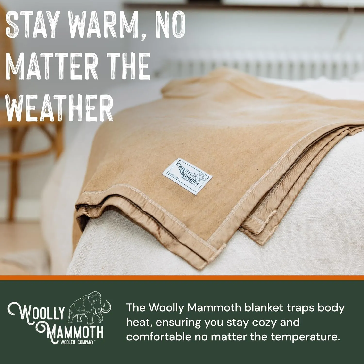 Woolly Mammoth Wool Blanket, Warm & Thick 50% Wool Blankets - Machine-Washable, Travel Blanket, Warm Winter Outdoor Blanket - 85" x 47" Navy Blue