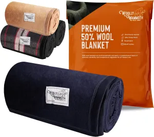 Woolly Mammoth Wool Blanket, Warm & Thick 50% Wool Blankets - Machine-Washable, Travel Blanket, Warm Winter Outdoor Blanket - 85" x 47" Navy Blue