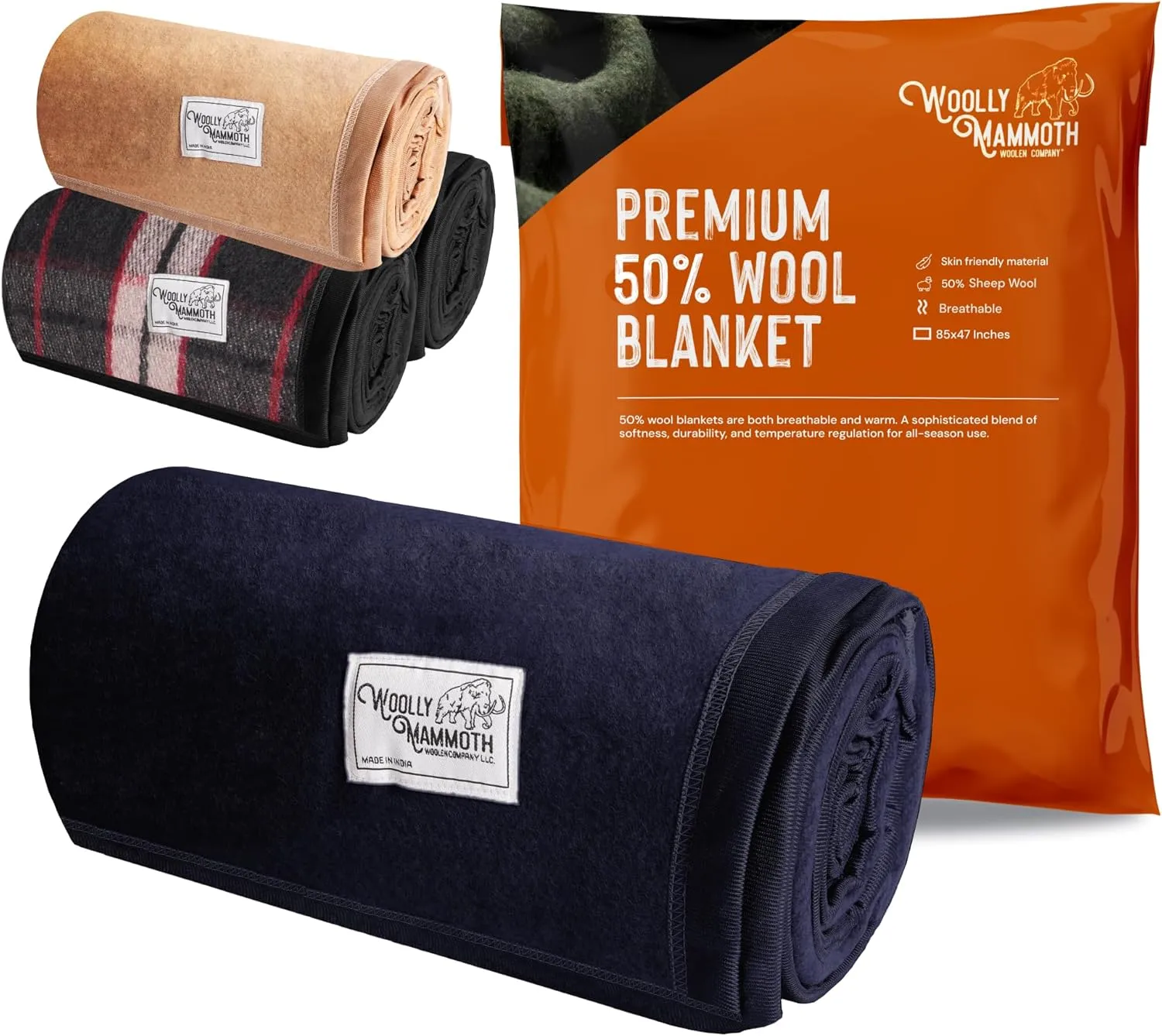 Woolly Mammoth Wool Blanket, Warm & Thick 50% Wool Blankets - Machine-Washable, Travel Blanket, Warm Winter Outdoor Blanket - 85" x 47" Navy Blue