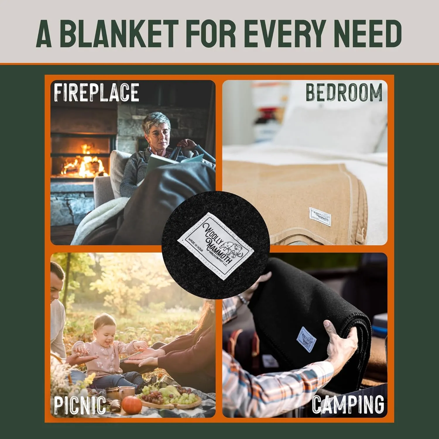 Woolly Mammoth Wool Blanket, Warm & Thick 50% Wool Blankets - Machine-Washable, Travel Blanket, Warm Winter Outdoor Blanket - 85" x 47" Navy Blue