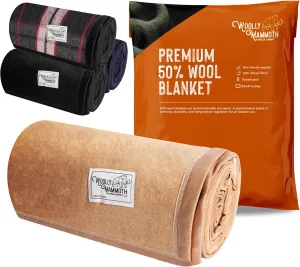 Woolly Mammoth Wool Blanket, Warm & Thick 50% Wool Picnic Blankets - Machine-Washable, Travel Blanket, Warm Winter Outdoor Blanket - 85" x 47" Beige