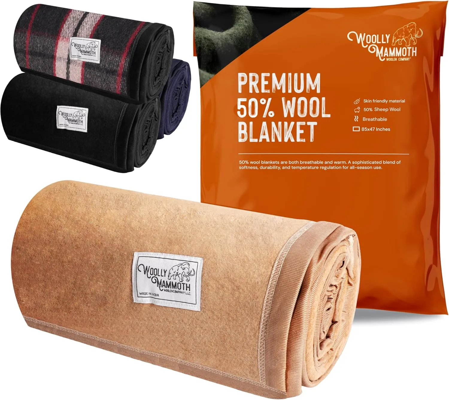Woolly Mammoth Wool Blanket, Warm & Thick 50% Wool Picnic Blankets - Machine-Washable, Travel Blanket, Warm Winter Outdoor Blanket - 85" x 47" Beige