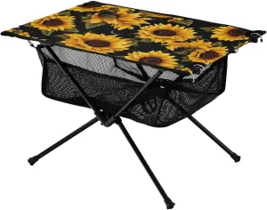 Yellow Sunflowers Black Folding Portable Camping Table for Women and Men Sturdy Beach Table with A Hanging Mesh Bag Easy to Assemble Camping Essentials for Outdoor Cooking