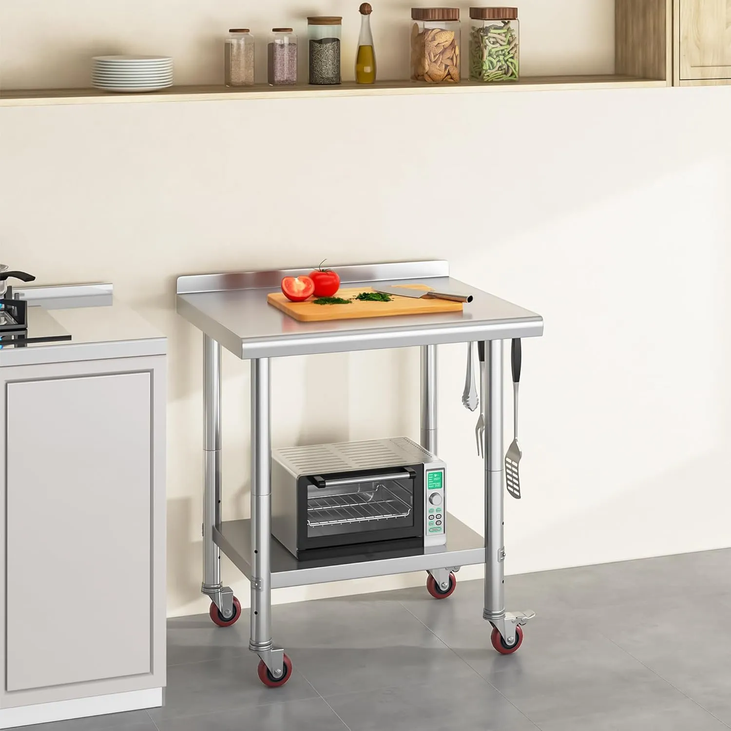 YITAHOME 30" x 24" Stainless Steel Table with Wheels for Prep & Work with Backsplash, NSF Metal Table Prep Table with Undershelf for Home Kitchen Restaurant Garage Warehouse