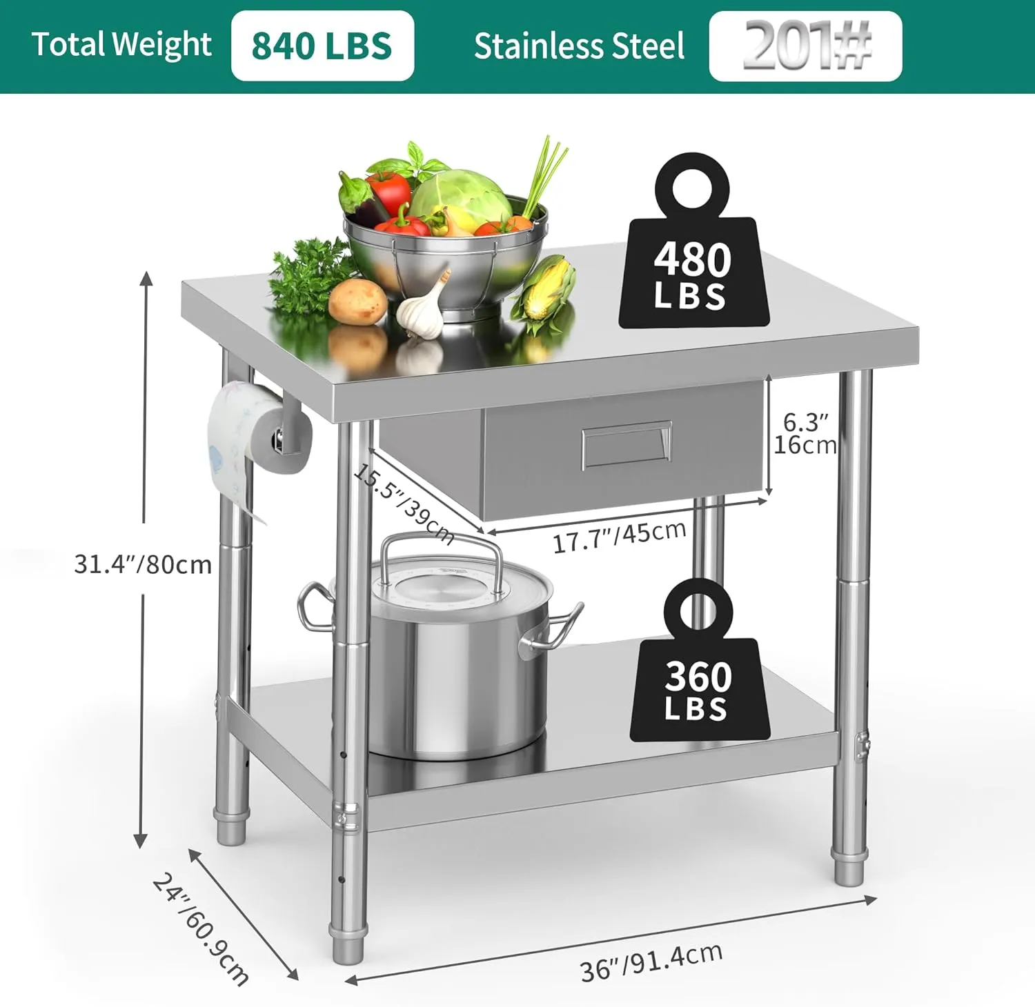YITAHOME 36" × 24" Stainless Steel Table with Paper Towel Holder and Drawer, NSF Work Table with Drawer, Metal Table Prep Table for Home Kitchen Restaurant Garage Warehouse