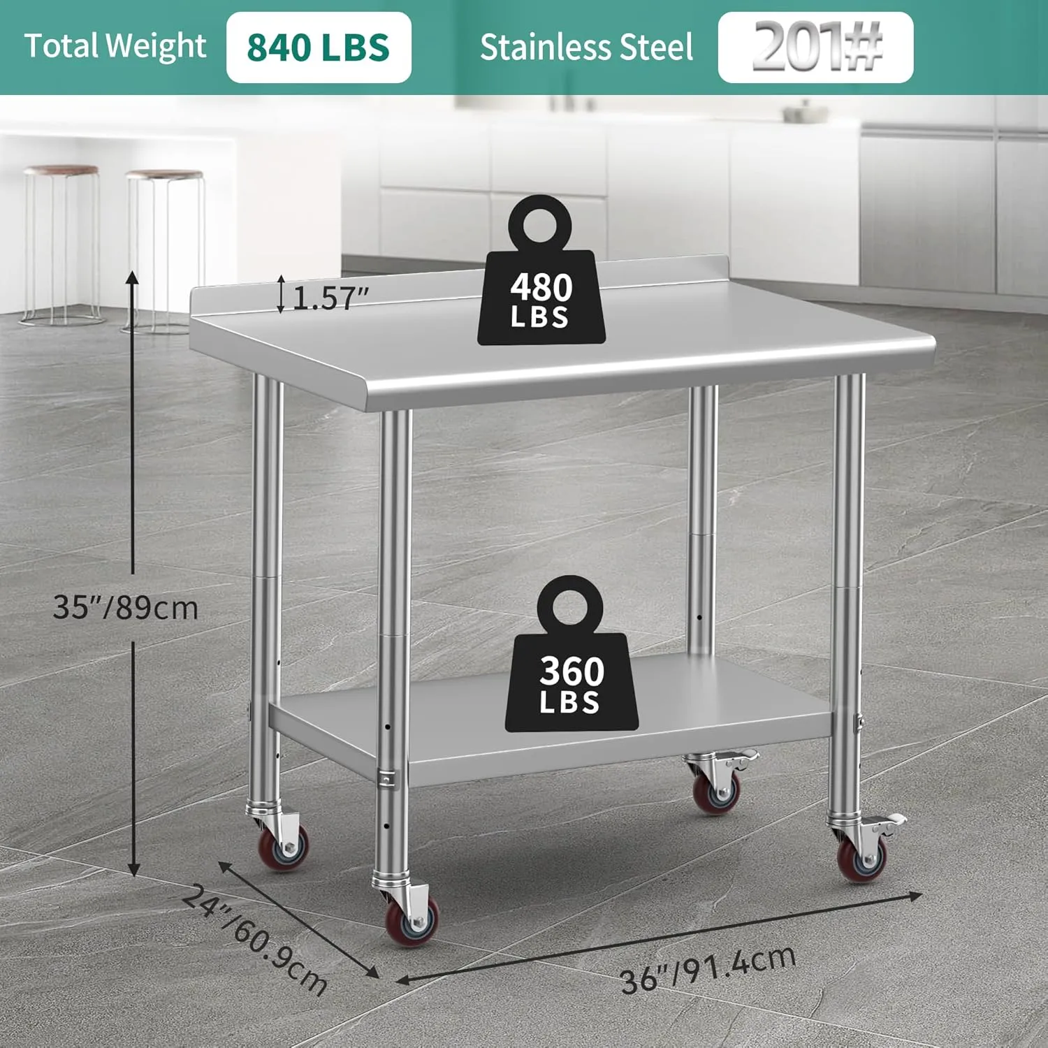 YITAHOME 36" x 24" Stainless Steel Table with Wheels for Prep & Work with Backsplash, NSF Metal Table Prep Table with Undershelf for Home Kitchen Restaurant Garage Warehouse