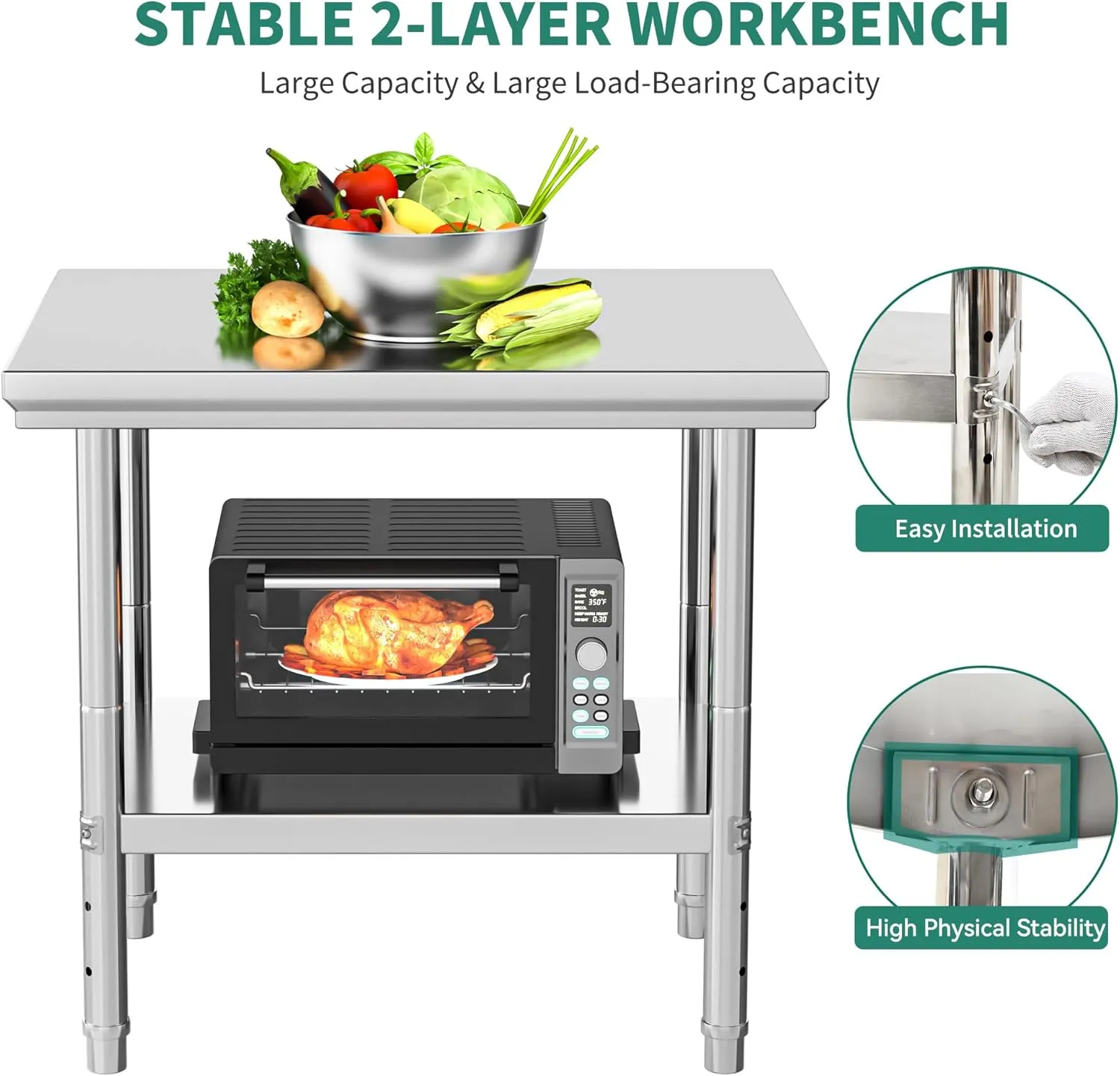 YITAHOME NSF Stainless Steel Table, 30" X 24" Work Table, 2 Shelves Metal Prep Worktable for Home Kitchen Restaurant Garage Warehouse Outdoor