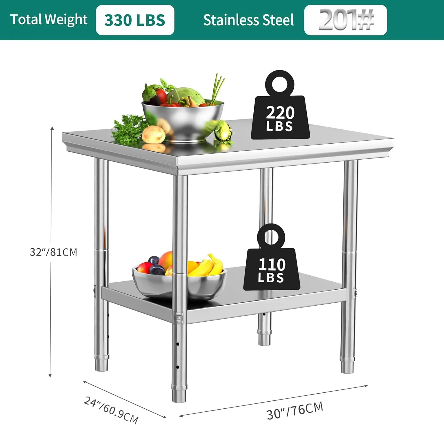 YITAHOME NSF Stainless Steel Table, 30" X 24" Work Table, 2 Shelves Metal Prep Worktable for Home Kitchen Restaurant Garage Warehouse Outdoor