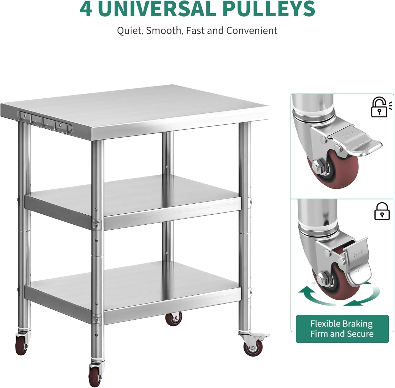 YITAHOME NSF Stainless Steel Table, 30" X 24" Work Table with Wheels, 3 Shelves Metal Prep Worktable for Home Kitchen Restaurant Garage Warehouse Outdoor