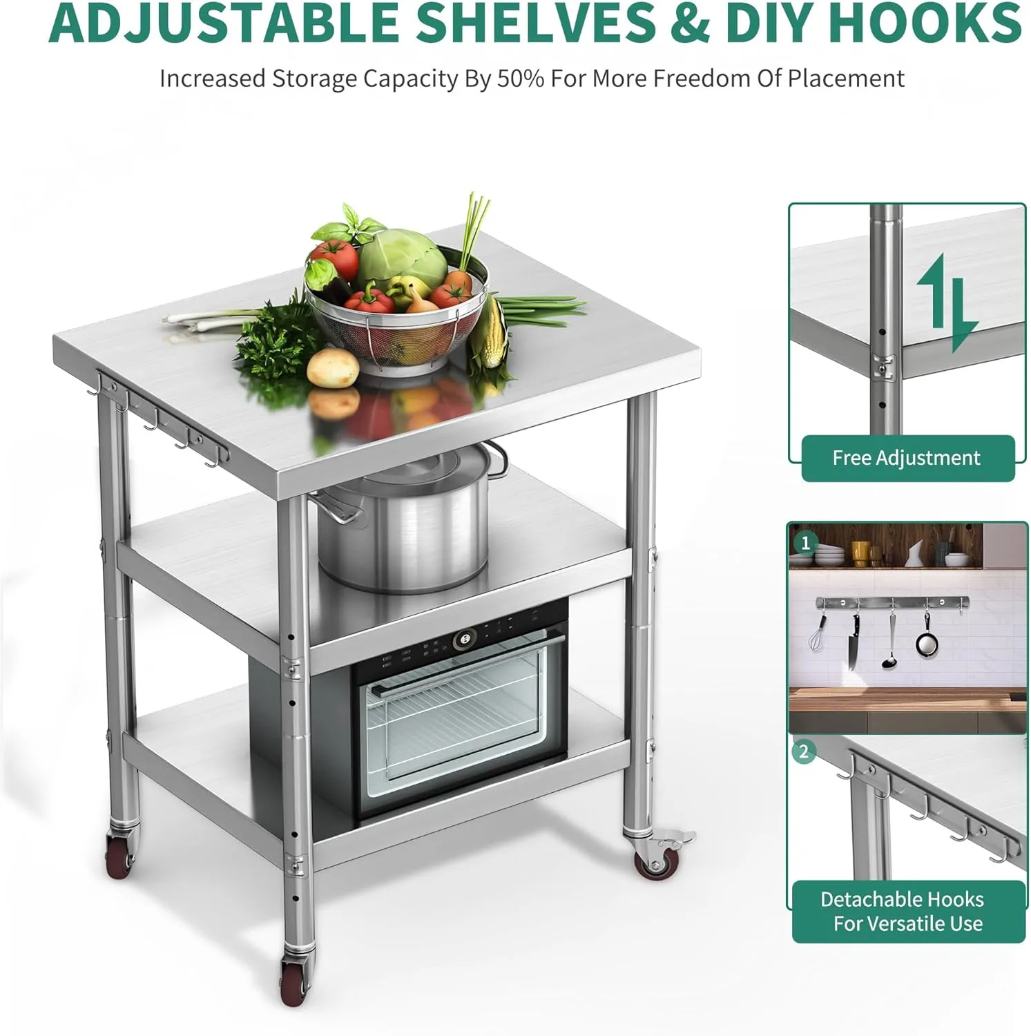 YITAHOME NSF Stainless Steel Table, 30" X 24" Work Table with Wheels, 3 Shelves Metal Prep Worktable for Home Kitchen Restaurant Garage Warehouse Outdoor