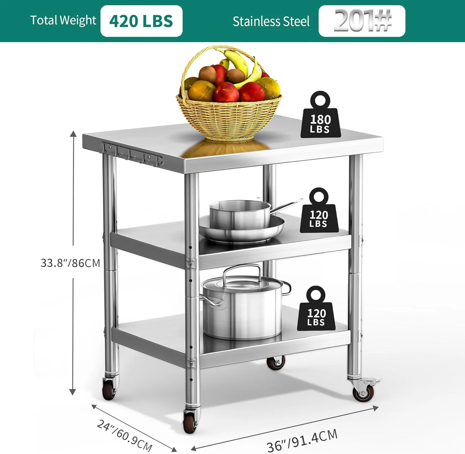YITAHOME NSF Stainless Steel Table, 30" X 24" Work Table with Wheels, 3 Shelves Metal Prep Worktable for Home Kitchen Restaurant Garage Warehouse Outdoor