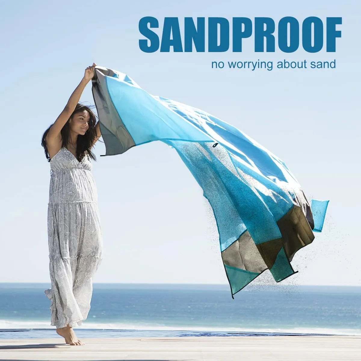 Yonge & Finch Large Beach Blanket Sandproof Heat-Resistent Beach Mat Machine Washable Camp Packable Pocket Blanket Waterproof Outdoor Blanket Fit 4-7 Persons 83 * 79inch Sky Blue