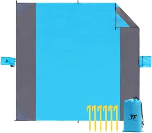 Yonge & Finch Large Beach Blanket Sandproof Heat-Resistent Beach Mat Machine Washable Camp Packable Pocket Blanket Waterproof Outdoor Blanket Fit 4-7 Persons 83 * 79inch Sky Blue