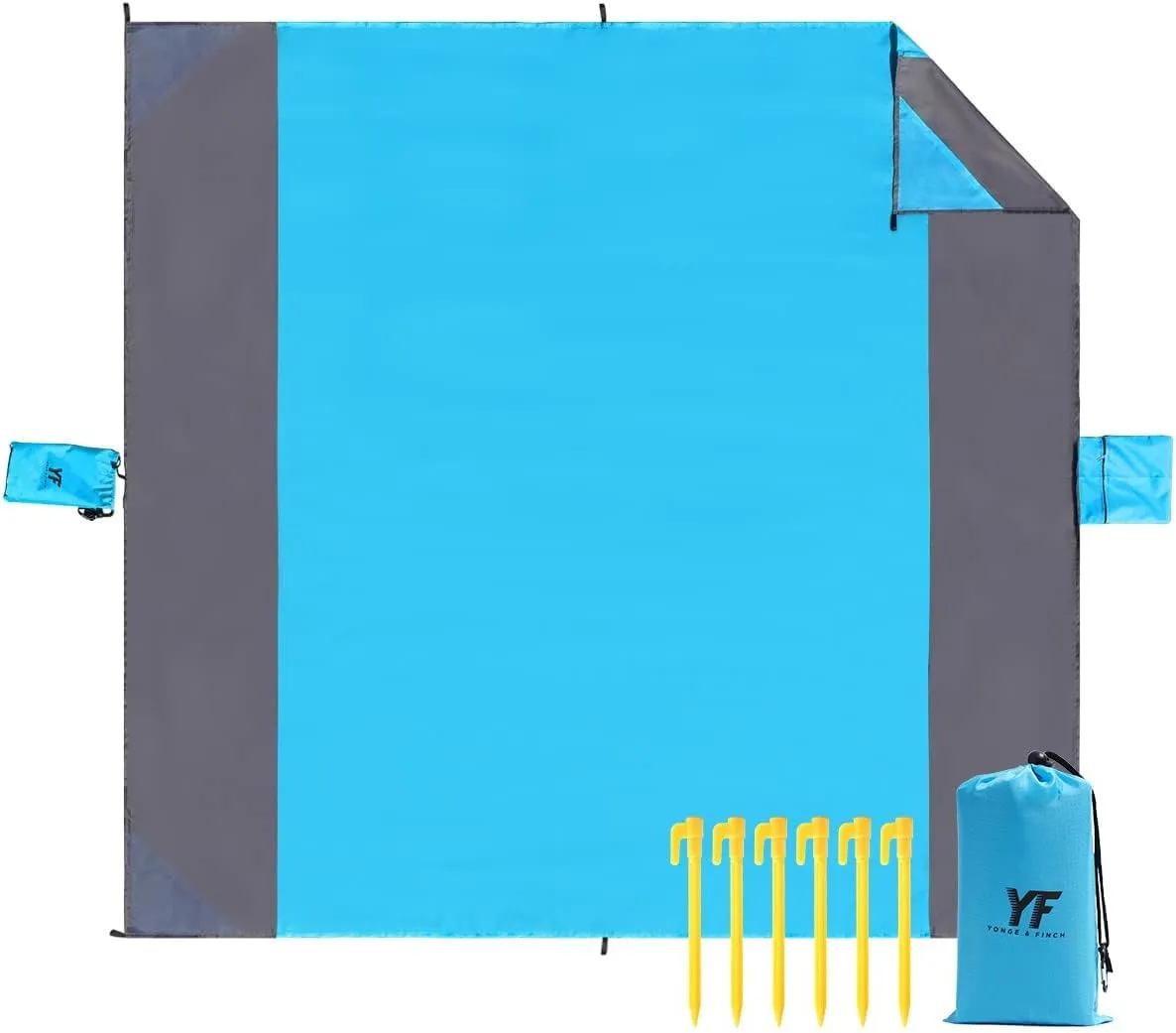 Yonge & Finch Large Beach Blanket Sandproof Heat-Resistent Beach Mat Machine Washable Camp Packable Pocket Blanket Waterproof Outdoor Blanket Fit 4-7 Persons 83 * 79inch Sky Blue