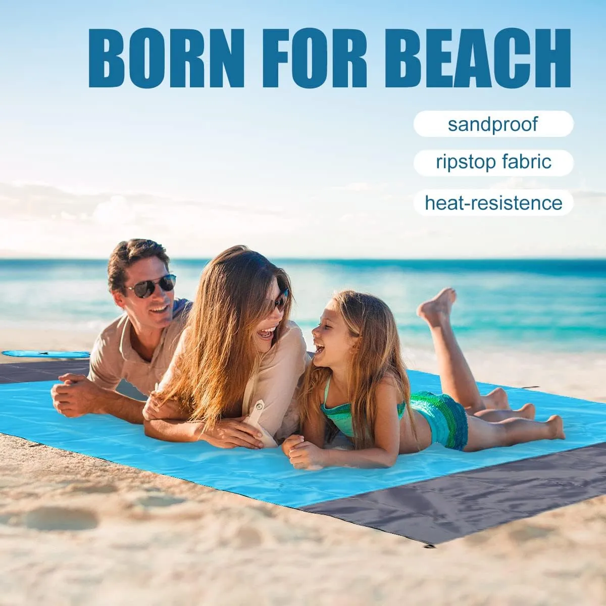Yonge & Finch Large Beach Blanket Sandproof Heat-Resistent Beach Mat Machine Washable Camp Packable Pocket Blanket Waterproof Outdoor Blanket Fit 4-7 Persons 83 * 79inch Sky Blue