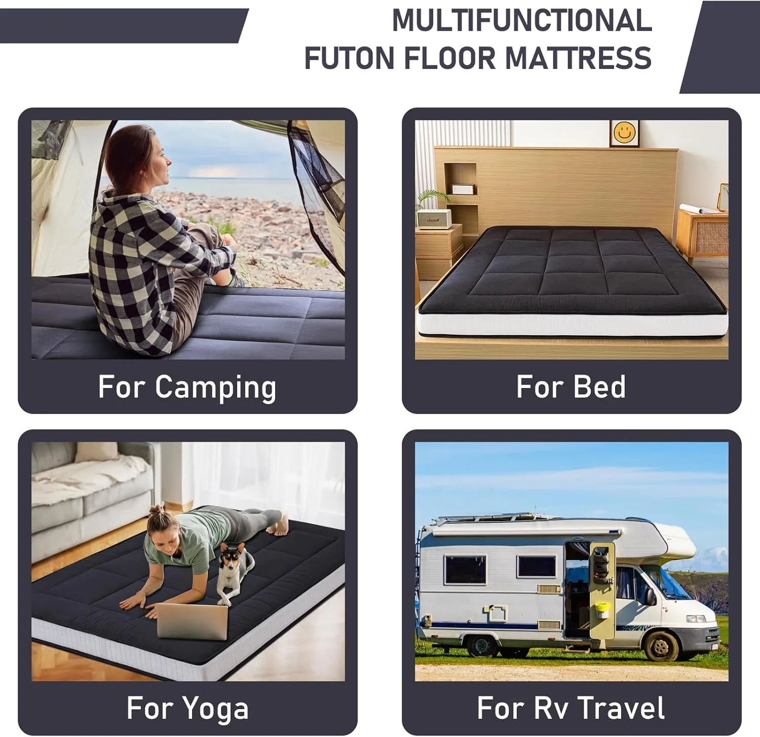 YOSHOOT 6 Inch Extra Thick Japanese Futon Floor Mattress, Foldable Tatami Pad Mattress for Adults, Black, Twin