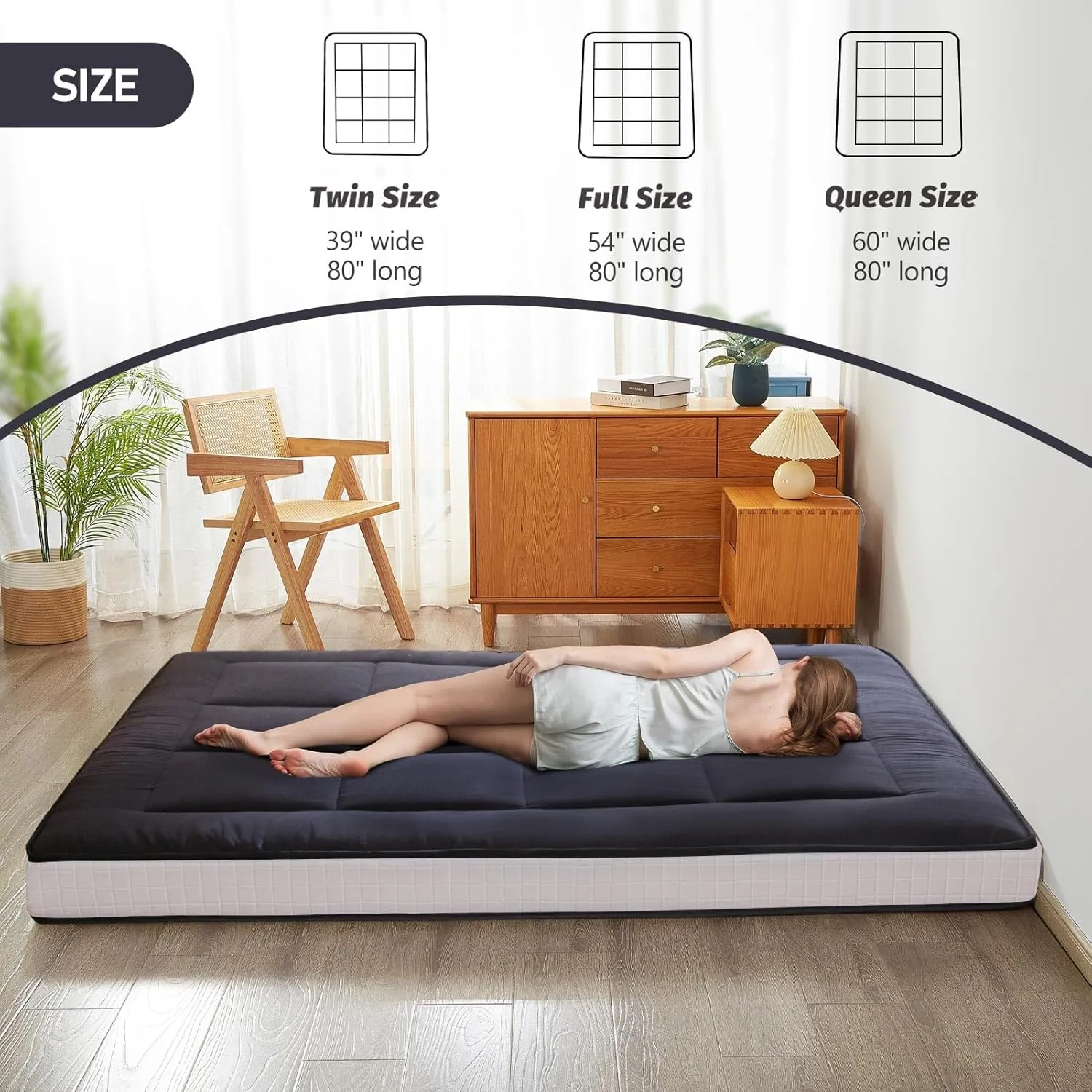 YOSHOOT 6 Inch Extra Thick Japanese Futon Floor Mattress, Foldable Tatami Pad Mattress for Adults, Black, Twin
