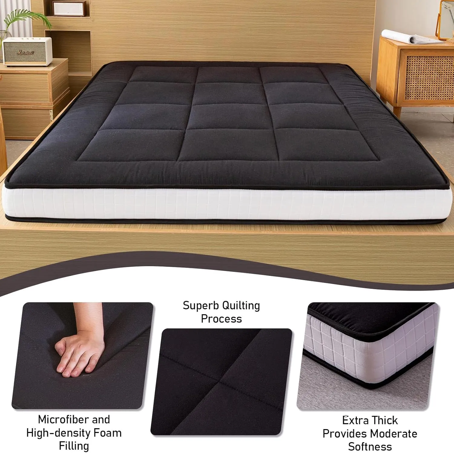 YOSHOOT 6 Inch Extra Thick Japanese Futon Floor Mattress, Foldable Tatami Pad Mattress for Adults, Black, Twin