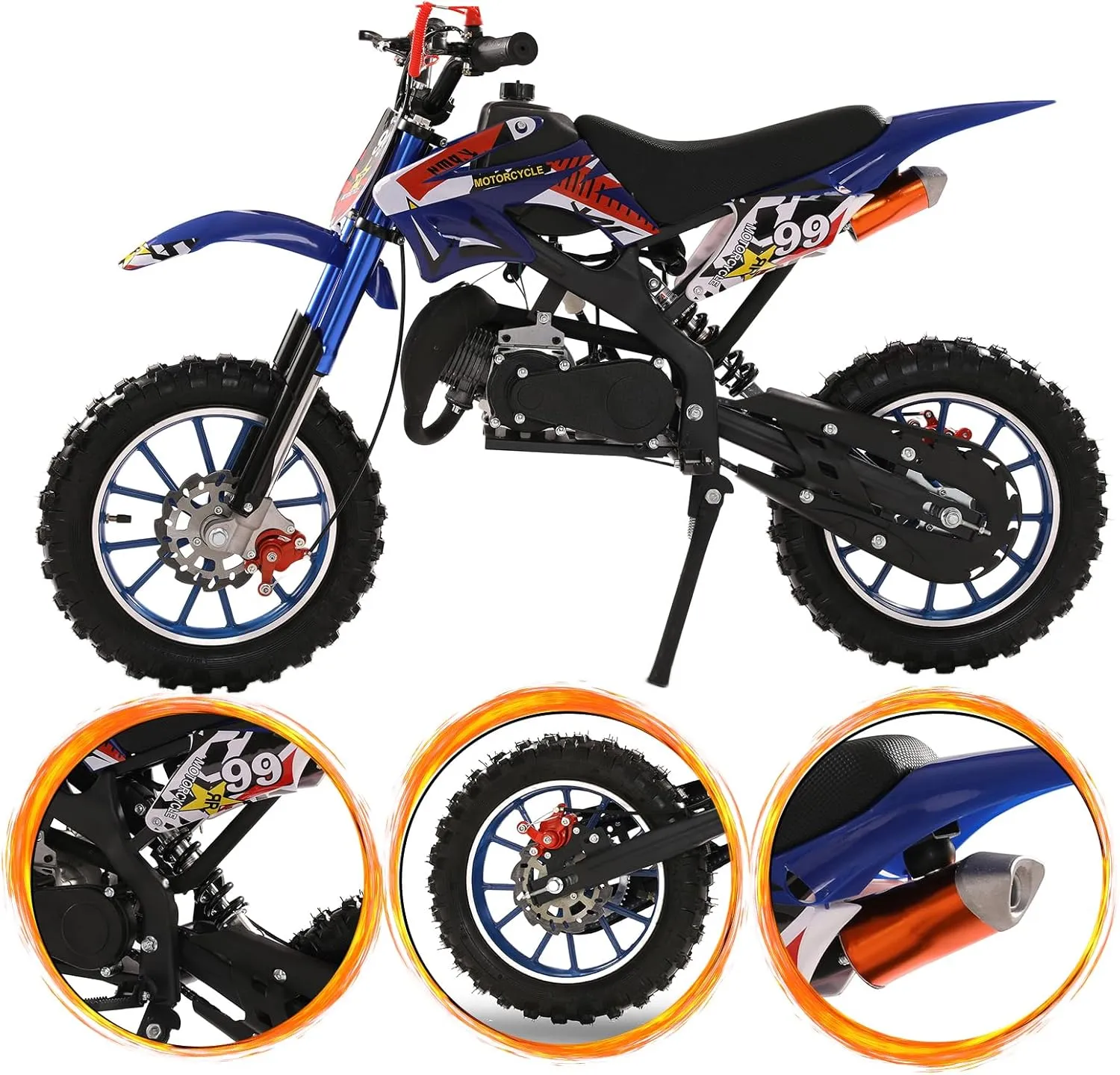 YOXIER 50cc Kids Dirt Bike, 2-Stroke Gas Dirt Bike, Gas Motorcycle for Kids 8-14, Gas Power Pocket Rocket Bike, Mini Bike with Front Rear Disc Brakes, Off Road Mini Motorcycle Max Load 330Lbs Blue