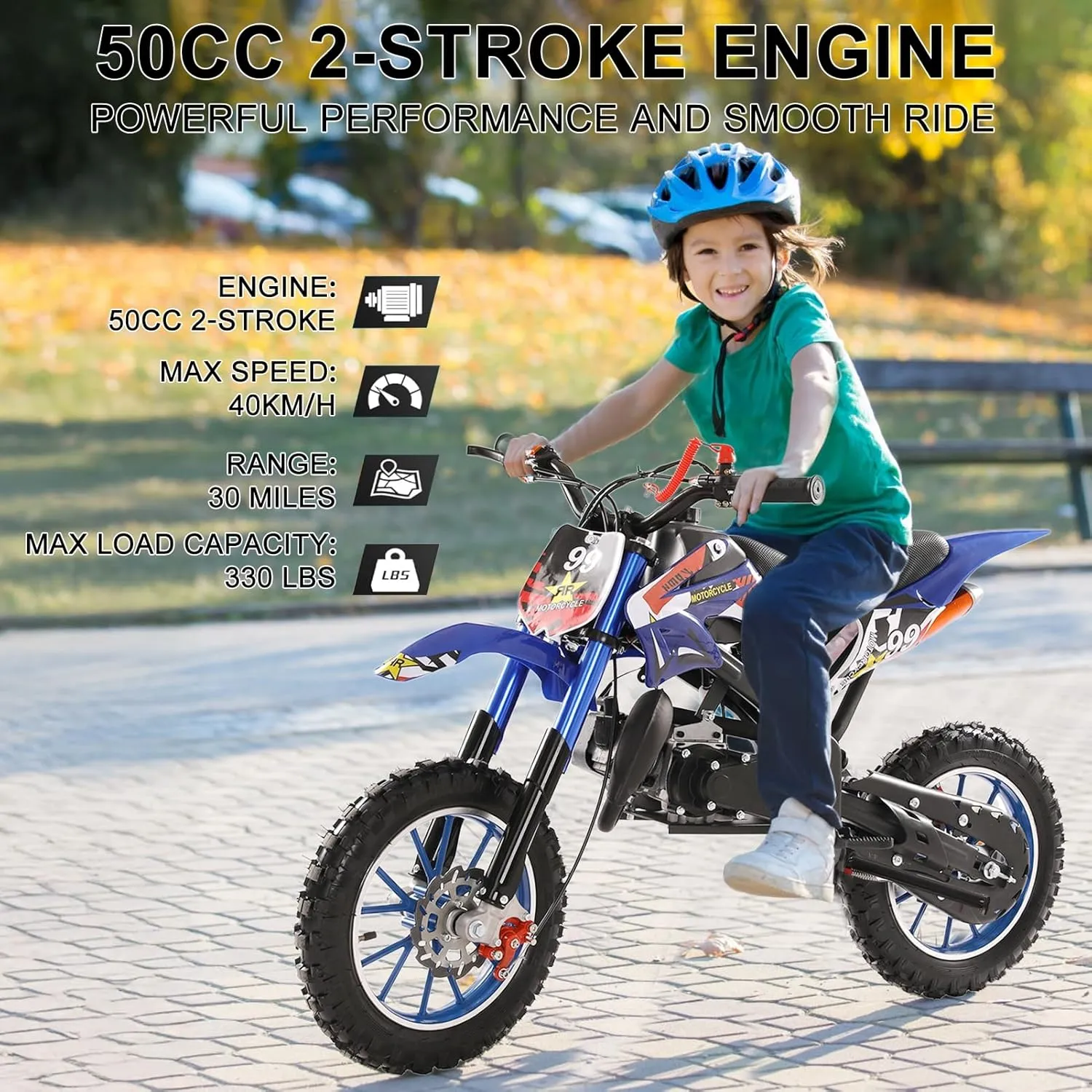 YOXIER 50cc Kids Dirt Bike, 2-Stroke Gas Mini Bike, Dirt Bike for Kids 8-14, Gas Power Pocket Rocket Bike, Motorcycle with Front Rear Disc Brakes, Off Road Mini Motorcycle Max Load 330Lbs Blue