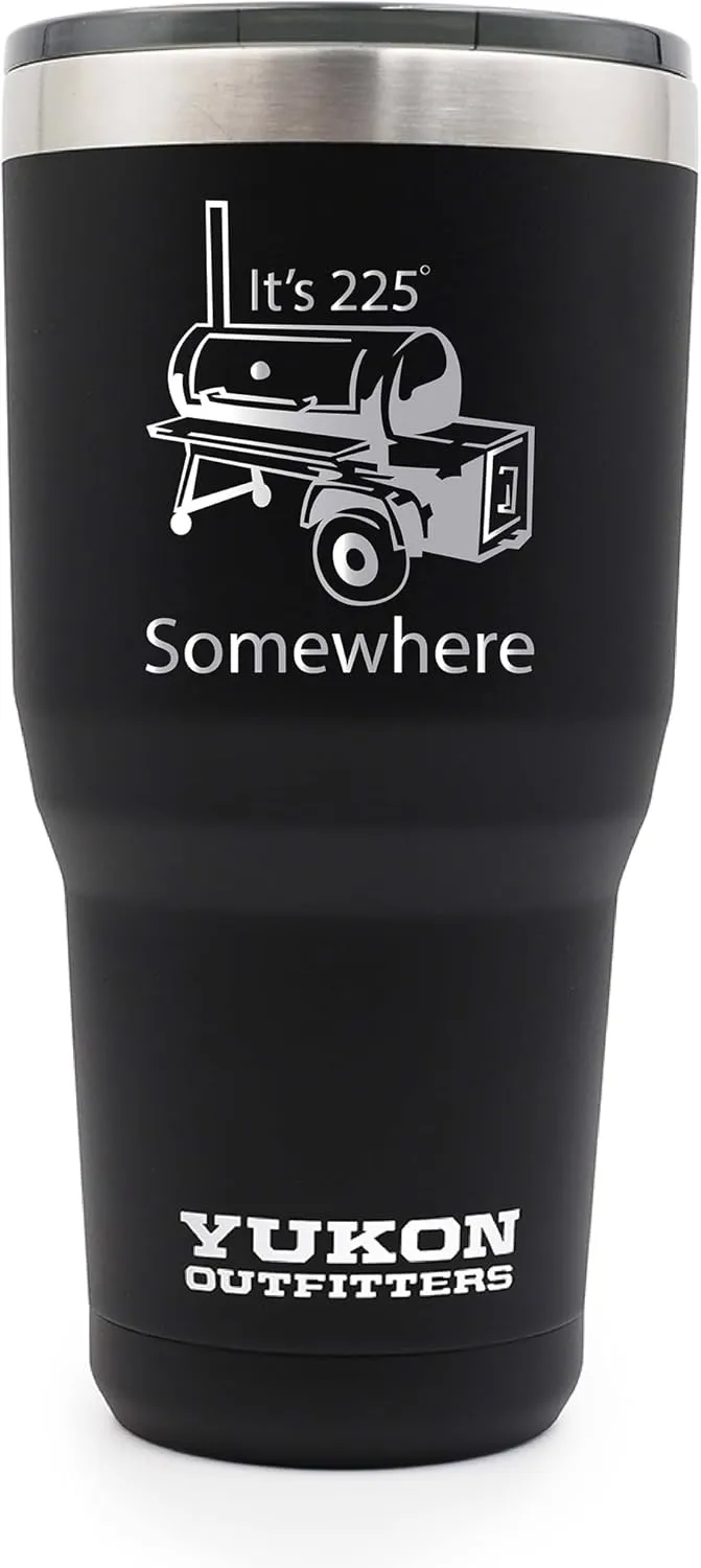 Yukon Outfitters Freedom High Grade 18/8 Corrosion-Resistant Stainless Steel Double Wall Vacuum Insulated Tumbler (30oz / 890ml) - 7.85" H x 3.9" Top Dia. / 2.9" Bottom dia., 225 Somewhere - Black