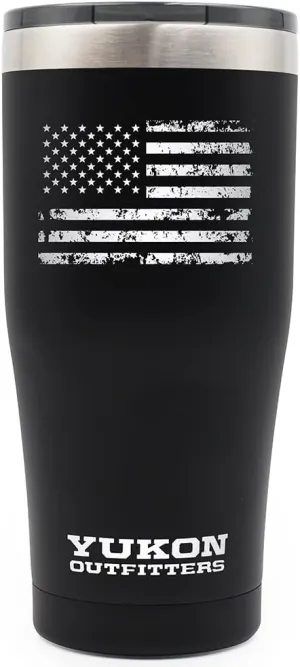 YUKON OUTFITTERS Freedom High Grade 18/8 Corrosion-Resistant Stainless Steel Double Wall Vacuum Tumbler (20 oz/ 590ml) - 7.3"H x 3.4" Top dia. / 2.7" Bottom dia., Black with Vintage USA Flag Engraving