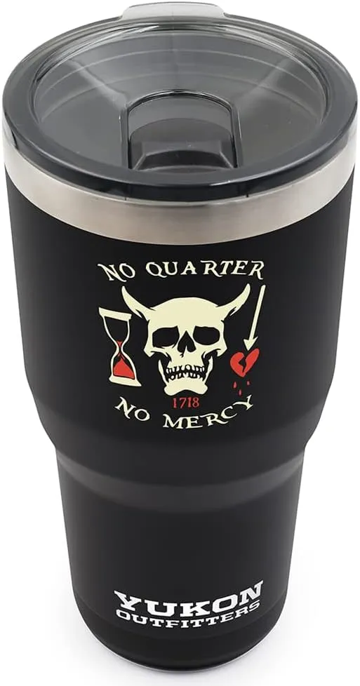 Yukon Outfitters Freedom High Grade 18/8 Stainless Steel Double Wall Vacuum Insulated Tumbler (30oz / 890ml) - 7.85" H x 3.9" Top Dia. / 2.9" Bottom dia., Black with 'No Quarter' Pirate print