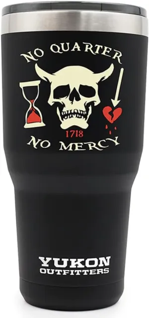 Yukon Outfitters Freedom High Grade 18/8 Stainless Steel Double Wall Vacuum Insulated Tumbler (30oz / 890ml) - 7.85" H x 3.9" Top Dia. / 2.9" Bottom dia., Black with 'No Quarter' Pirate print