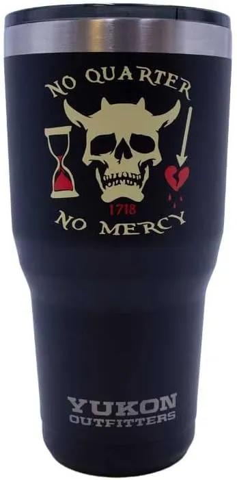 Yukon Outfitters Freedom High Grade 18/8 Stainless Steel Double Wall Vacuum Insulated Tumbler (30oz / 890ml) - 7.85" H x 3.9" Top Dia. / 2.9" Bottom dia., Black with 'No Quarter' Pirate print
