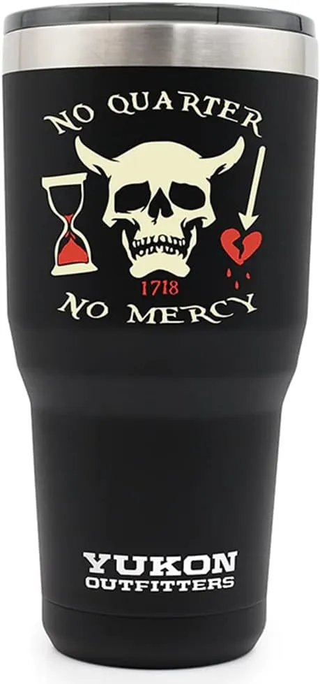 Yukon Outfitters Freedom High Grade 18/8 Stainless Steel Double Wall Vacuum Insulated Tumbler (30oz / 890ml) - 7.85" H x 3.9" Top Dia. / 2.9" Bottom dia., Black with 'No Quarter' Pirate print
