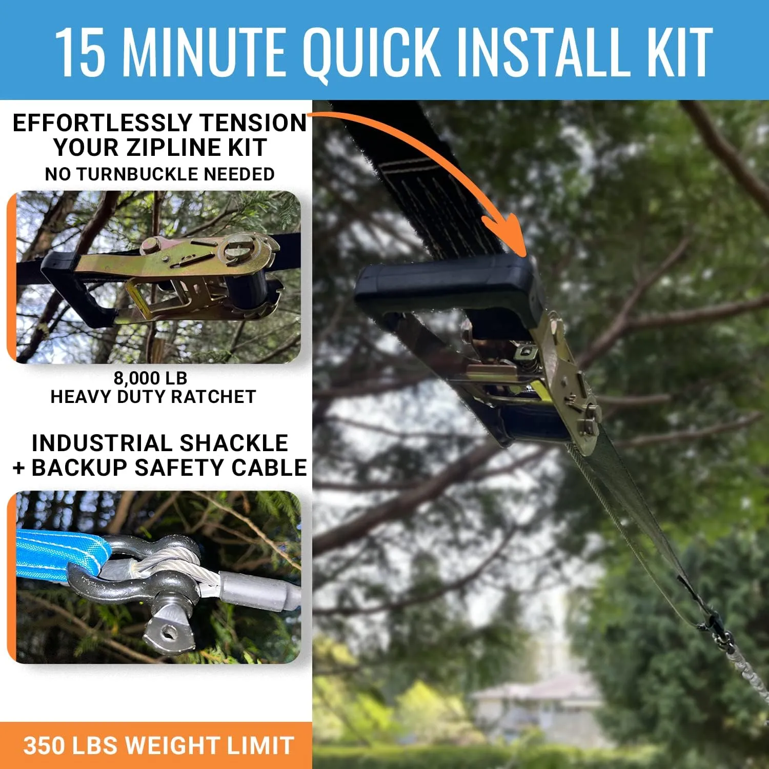 Zip Line Kit for Kids and Adults, 100/120/150/200 ft, Up to 350 Lbs, Removable Trolley, Rustproof Stainless Steel, Quick Setup with Ratchet, Safety Harness, Backyard Adventure Fun W/Climbing Holds