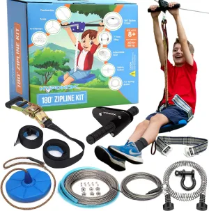 Zip Line Kit for Kids and Adults, 100/120/150/200 ft, Up to 350 Lbs, Removable Trolley, Rustproof Stainless Steel, Quick Setup with Ratchet, Safety Harness, Backyard Adventure Fun W/Climbing Holds