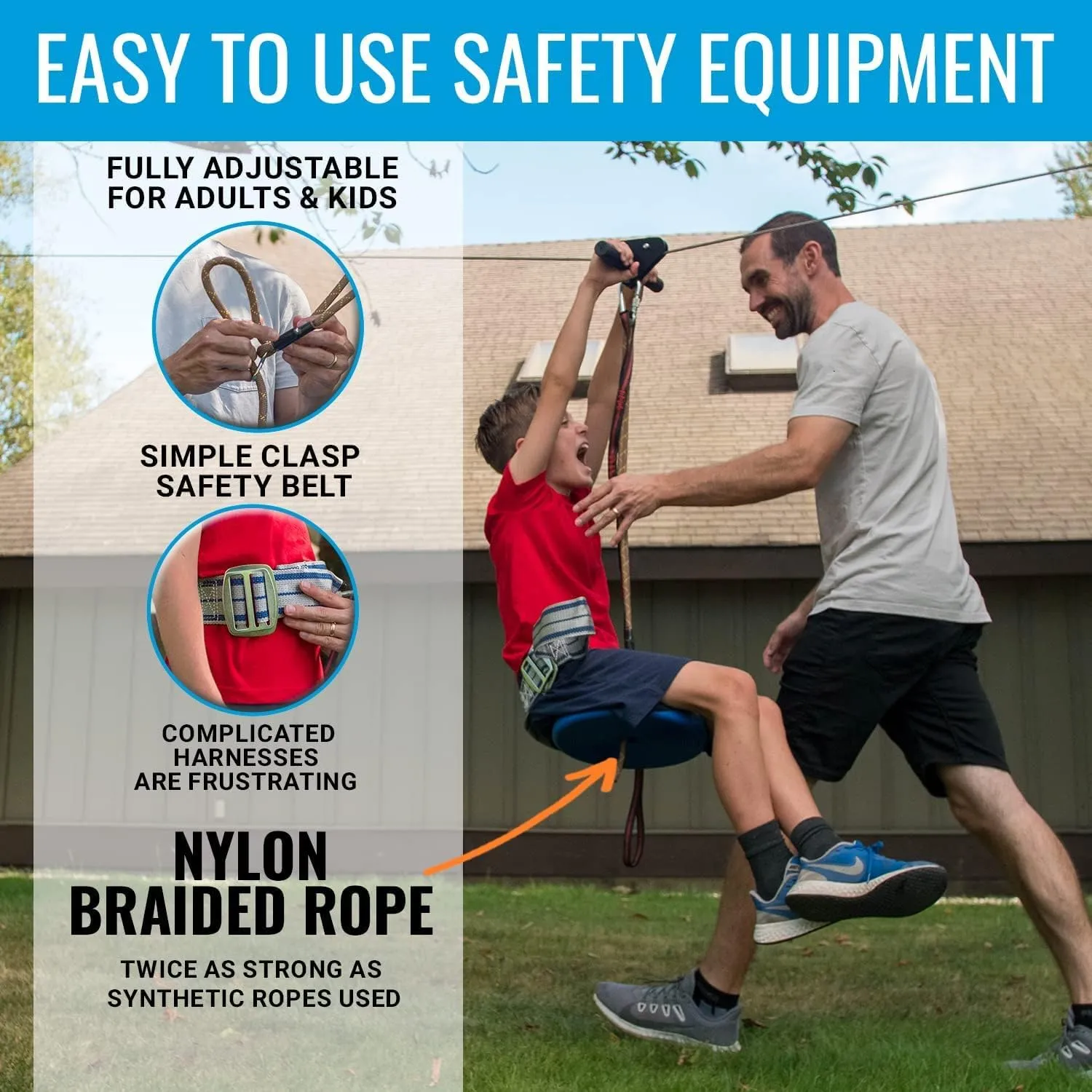 Zip Line Kit for Kids and Adults, 100/120/150/200 ft, Up to 350 Lbs, Removable Trolley, Rustproof Stainless Steel, Quick Setup with Ratchet, Safety Harness, Backyard Adventure Fun W/Climbing Holds