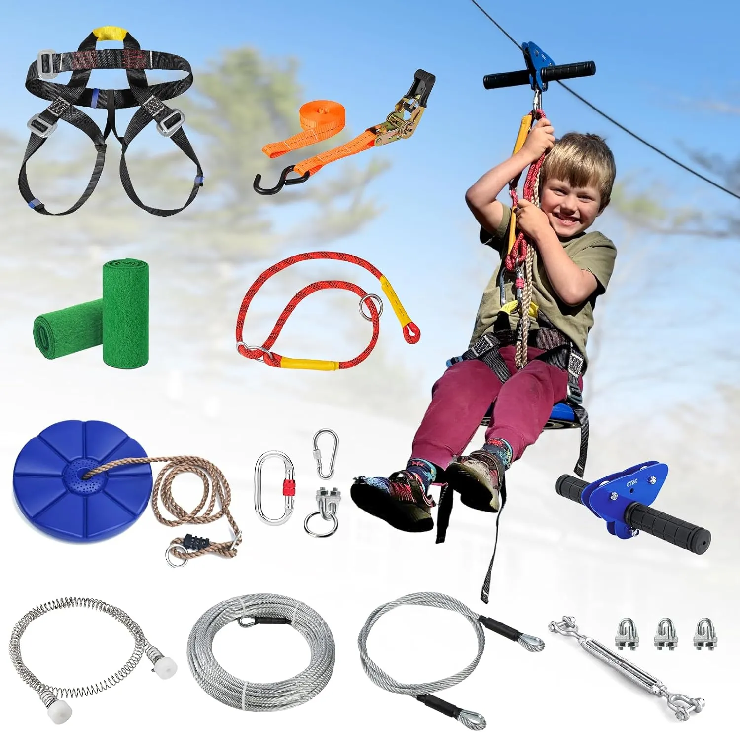 Zipline for Kids and Adult, Zip line Kits for Backyard with Stainless Steel Spring Brake, Cable Tensioning Kit, Safety Harness, 2 Tree Protectors and Full Set of Zip line Accessories, 1/4 inch Cable